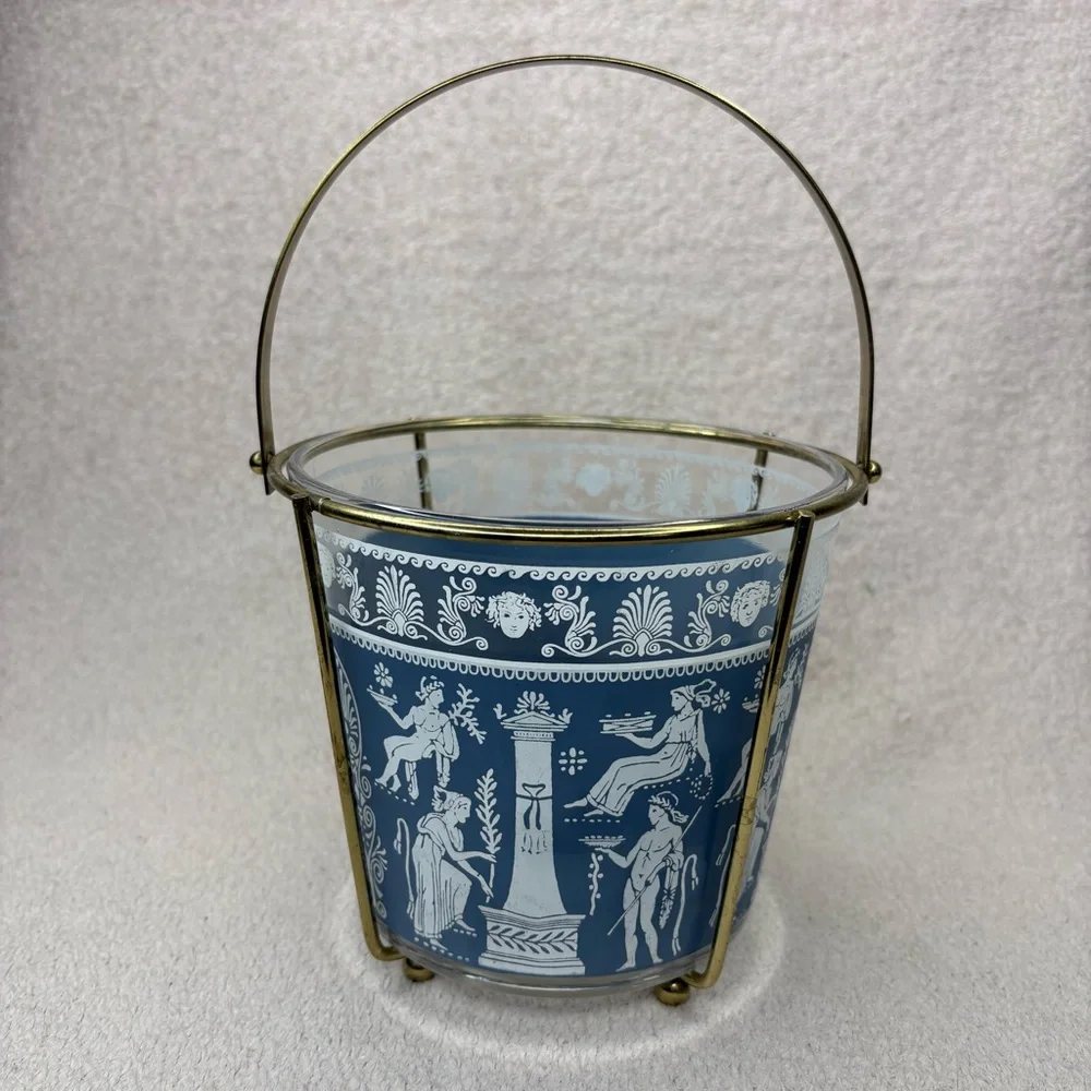 Vintage Jeanette Blue and White Wedgwood-Style Glass Ice Bucket with Brass Frame